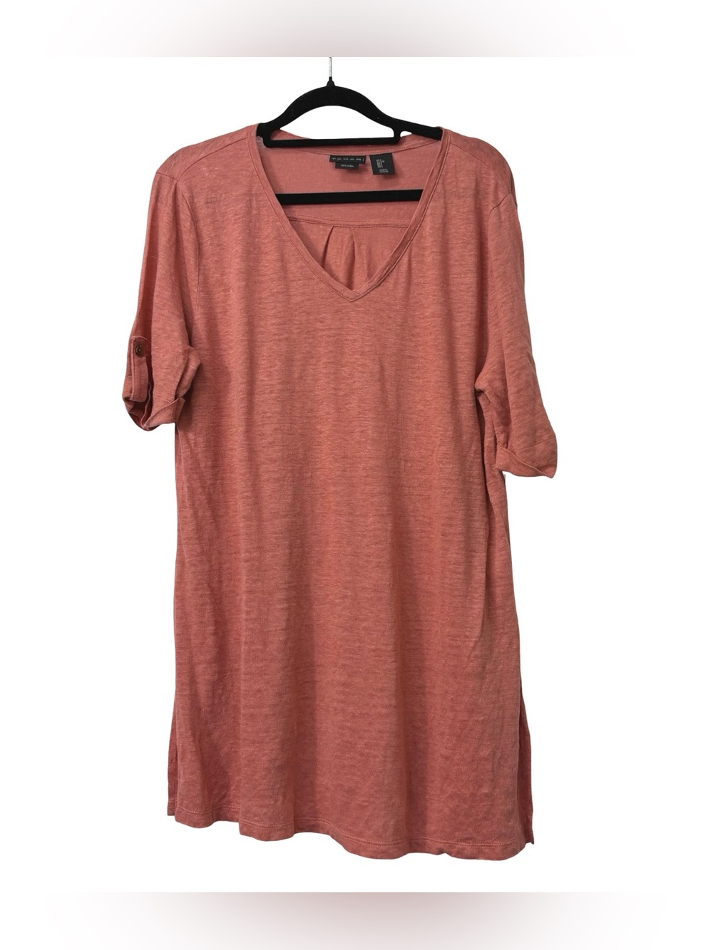 Tahari Top L Coral Orange 100% Linen‎ T-Shirt Tunic Tee V-Neck Short Sleeve